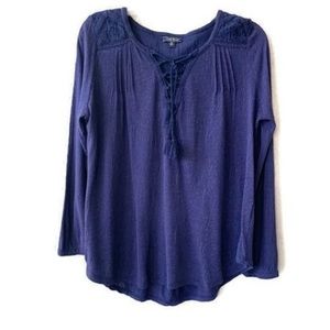 Lucky Brand crocheted Tassel Blue long sleeve Top XL